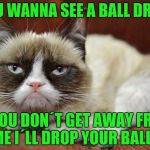 Happy new year imgflip! I know it´s not actually new year´s day, BUT WHAT THE HECK!!! | YOU WANNA SEE A BALL DROP, IF YOU DON´T GET AWAY FROM ME I´LL DROP YOUR BALLS | image tagged in grumpy cat new year | made w/ Imgflip meme maker