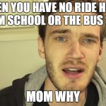 PewDiePie Sad | WHEN YOU HAVE NO RIDE HOME FROM SCHOOL OR THE BUS STOP; MOM WHY | image tagged in pewdiepie sad | made w/ Imgflip meme maker