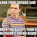Sheldon - Well That's Just Terrible | THE LOOK YOUR FRIENDS GIVE YOU. WHEN YOU ACCEPT YOUR EX GIRLFRIEND'S FRIEND REQUEST. | image tagged in sheldon - well that's just terrible | made w/ Imgflip meme maker