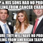 trumps kids | TRUMP & HIS SONS HAD NO PROBLEMS STEALING FROM CANCER CHARITIES; I AM SURE THEY WILL HAVE NO PROBLEMS STEALING FROM AMERICAN TAXPAYERS | image tagged in trumps kids | made w/ Imgflip meme maker