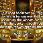 Book Room | “In a good bookroom you feel in some mysterious way that you are absorbing the wisdom contained in all the books through your skin, without even opening them.”; ~Mark Twain | image tagged in mark twain,library,reading,books,wisdom,literature | made w/ Imgflip meme maker
