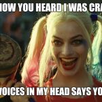 #WhyLie | I KNOW YOU HEARD I WAS CRAZY; AND THE VOICES IN MY HEAD SAYS YOUR RIGHT | image tagged in harley quinn hammer,funny memes,suicide squad,harley quinn,memes | made w/ Imgflip meme maker