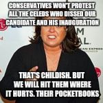 Rosie O'Donnell Pointing | CONSERVATIVES WON'T PROTEST ALL THE CELEDS WHO DISSED OUR CANDIDATE AND HIS INAUGURATION; THAT'S CHILDISH. BUT WE WILL HIT THEM WHERE IT HURTS. THEIR POCKETBOOKS | image tagged in rosie o'donnell pointing | made w/ Imgflip meme maker