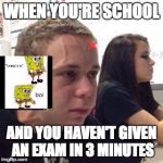 When You're  | WHEN YOU'RE SCHOOL; AND YOU HAVEN'T GIVEN AN EXAM IN 3 MINUTES | image tagged in when you're | made w/ Imgflip meme maker