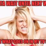Blonde | GOTTA WAIT UNTIL NEXT WEEK; TO SEE WHAT GOES ON IN MY TV SHOW | image tagged in blonde | made w/ Imgflip meme maker