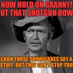 Jed Clampett | NOW HOLD ON GRANNY!  PUT THAT SHOTGUN DOWN! I RECKON THOSE SNOWFLAKES SAY A LOT OF STUFF, BUT THEY CAN'T STOP TRUMP! | image tagged in jed clampett | made w/ Imgflip meme maker