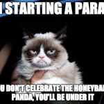 Grumpy Cat | I'M STARTING A PARADE; IF YOU DON'T CELEBRATE THE HONEYBADGER PANDA, YOU'LL BE UNDER IT | image tagged in grumpy cat | made w/ Imgflip meme maker