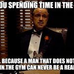 godfather & cat | ARE YOU SPENDING TIME IN THE GYM? GOOD!... BECAUSE A MAN THAT DOES NOT SPEND TIME IN THE GYM CAN NEVER BE A REAL MAN. | image tagged in godfather  cat | made w/ Imgflip meme maker