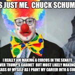 Chuck Schumer | IT'S JUST ME,  CHUCK SCHUMER; I REALLY AM MAKING A CIRCUS IN THE SENATE OVER TRUMP'S CABINET 
BUT MOST LIKELY MAKING A JACKASS OF MYSELF AS I PAINT MY CAREER INTO A CORNER | image tagged in chuck schumer | made w/ Imgflip meme maker