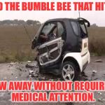 Smart Car Crash | AND THE BUMBLE BEE THAT HIT IT FLEW AWAY WITHOUT REQUIRING MEDICAL ATTENTION. | image tagged in smart car crash | made w/ Imgflip meme maker