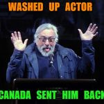 Deniro | WASHED   UP   ACTOR; CANADA   SENT   HIM   BACK | image tagged in deniro | made w/ Imgflip meme maker