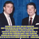 Donald Trump and Ronald Reagan | FREEDOM IS NEVER MORE THAN ONE GENERATION AWAY FROM EXTINCTION. WE DIDN'T PASS IT TO OUR CHILDREN IN THE BLOODSTREAM. IT MUST BE FOUGHT FOR, PROTECTED, AND HANDED ON FOR THEM TO DO THE SAME, OR ONE DAY WE WILL SPEND OUR SUNSET YEARS TELLING OUR CHILDREN AND OUR CHILDREN'S CHILDREN WHAT IT WAS ONCE LIKE IN THE UNITED STATES WHERE MEN WERE FREE.

~RONALD REAGAN | image tagged in donald trump and ronald reagan | made w/ Imgflip meme maker