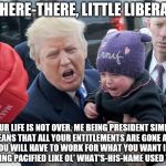 Trump crying baby | THERE-THERE, LITTLE LIBERAL; YOUR LIFE IS NOT OVER. ME BEING PRESIDENT SIMPLY MEANS THAT ALL YOUR ENTITLEMENTS ARE GONE AND NOW YOU WILL HAVE TO WORK FOR WHAT YOU WANT INSTEAD OF BEING PACIFIED LIKE OL' WHAT'S-HIS-NAME USED TO DO. | image tagged in trump crying baby | made w/ Imgflip meme maker