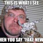 tin foil hat | THIS IS WHAT I SEE; WHEN YOU SAY "FAKE NEWS" | image tagged in tin foil hat,fake news,news,republican,conservative,liberals vs conservatives | made w/ Imgflip meme maker