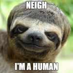 swag sloth with haircut | NEIGH; I'M A HUMAN | image tagged in swag sloth with haircut | made w/ Imgflip meme maker