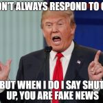 Donald Trump | I DON'T ALWAYS RESPOND TO CNN; BUT WHEN I DO I SAY SHUT UP, YOU ARE FAKE NEWS | image tagged in donald trump | made w/ Imgflip meme maker