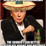 The Most Interesting Border Wall In The World | THE SOONER JESÚS GETS OUT HERE WITH MY CHIMICHANGAS; THE SOONER I CAN BETTER CALCULATE HEIGHT AND DISTANCE OF OUR NEW BORDER WALL | image tagged in trump interesting sombrero,mexico,build a wall,donald trump,dos equis,trump wall | made w/ Imgflip meme maker