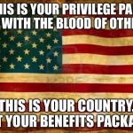 Old American Flag | THIS IS YOUR PRIVILEGE PAID FOR WITH THE BLOOD OF OTHERS. THIS IS YOUR COUNTRY. NOT YOUR BENEFITS PACKAGE. | image tagged in old american flag | made w/ Imgflip meme maker