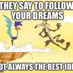 Wile E. Coyote roadrunner | THEY SAY TO FOLLOW YOUR DREAMS; NOT ALWAYS THE BEST IDEA | image tagged in wile e coyote roadrunner | made w/ Imgflip meme maker