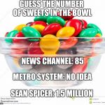 Sweets | GUESS THE NUMBER OF SWEETS IN THE BOWL; NEWS CHANNEL: 85; METRO SYSTEM: NO IDEA; SEAN SPICER: 1.5 MILLION | image tagged in sweets | made w/ Imgflip meme maker