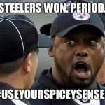 steelers | STEELERS WON. PERIOD. #USEYOURSPICEYSENSES | image tagged in steelers | made w/ Imgflip meme maker