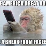 rhesus monkey iphone | MAKE AMERICA GREAT AGAIN... TAKE A BREAK FROM FACEBOOK | image tagged in rhesus monkey iphone | made w/ Imgflip meme maker
