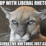 Annoyed Puma - socio-political rhetoric | FED UP WITH LIBERAL RHETORIC; CONSERVATIVE RHETORIC JUST AS BAD | image tagged in annoyed puma | made w/ Imgflip meme maker