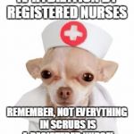 CHIHUAHUA NURSE | IV HYDRATION BY REGISTERED NURSES; REMEMBER, NOT EVERYTHING IN SCRUBS IS A REGISTERED NURSE! | image tagged in chihuahua nurse | made w/ Imgflip meme maker