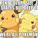 Pokemon Meme Contest Entry : 2013pokepro | DIFFERENT COLOR , SIZE , LOOKS AND STATES BUT DEEP DOWN; WE'RE ALL POKEMON | image tagged in pokemon meme contest entry  2013pokepro | made w/ Imgflip meme maker