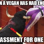 Grab the bull by the horns | WHEN A VEGAN HAS HAD ENOUGH; HARASSMENT FOR ONE DAY | image tagged in grabbing the bull by the horns,vegan,veganism,vegan4life,veganfightsback | made w/ Imgflip meme maker