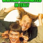 Makes sense,  right??  :-) | WE  THINK  ITALIC WRITING ORIGINATED IN ITALY | image tagged in dumb and dumber | made w/ Imgflip meme maker