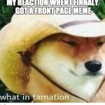 what in tarnation | MY REACTION WHEN I FINNALY GOT A FRONT PAGE MEME | image tagged in what in tarnation,memes,funny | made w/ Imgflip meme maker