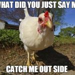 chickens | WHAT DID YOU JUST SAY ME; CATCH ME OUT SIDE | image tagged in chickens,catch me outside | made w/ Imgflip meme maker