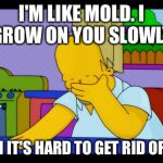 Homer face palm | I'M LIKE MOLD. I GROW ON YOU SLOWLY; THEN IT'S HARD TO GET RID OF ME. | image tagged in homer face palm | made w/ Imgflip meme maker