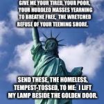 statue of liberty | GIVE ME YOUR TIRED, YOUR POOR, 
YOUR HUDDLED MASSES YEARNING TO BREATHE FREE, 
THE WRETCHED REFUSE OF YOUR TEEMING SHORE. SEND THESE, THE HOMELESS, TEMPEST-TOSSED, TO ME: 
I LIFT MY LAMP BESIDE THE GOLDEN DOOR. | image tagged in statue of liberty | made w/ Imgflip meme maker