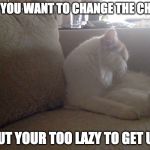 lilo the cat | WHEN YOU WANT TO CHANGE THE CHANNEL; BUT YOUR TOO LAZY TO GET UP | image tagged in lilo the cat | made w/ Imgflip meme maker