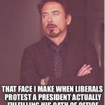 face I make  | THAT FACE I MAKE WHEN LIBERALS PROTEST A PRESIDENT ACTUALLY FULFILLING HIS OATH OF OFFICE | image tagged in face i make | made w/ Imgflip meme maker