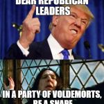 Donald Snape | DEAR REPUBLICAN LEADERS; IN A PARTY OF VOLDEMORTS, BE A SNAPE | image tagged in donald snape | made w/ Imgflip meme maker