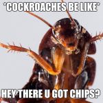 Cockroach | *COCKROACHES BE LIKE*; HEY THERE U GOT CHIPS? | image tagged in cockroach | made w/ Imgflip meme maker