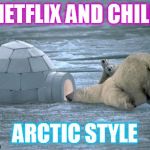 We're doing it wrong | NETFLIX AND CHILL; ARCTIC STYLE | image tagged in here's johnny,funny memes,polar bear | made w/ Imgflip meme maker