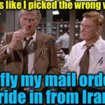 Airplane Wrong Week | Looks like I picked the wrong week; to fly my mail order bride in from Iran! | image tagged in airplane wrong week,memes,evilmandoevil,funny | made w/ Imgflip meme maker