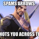 Hanzo | SPAMS ARROWS. HEADSHOTS YOU ACROSS THE MAP. | image tagged in hanzo,overwatch,overwatch memes,hanzo overwatch,overwatch hanzo | made w/ Imgflip meme maker