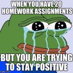 pepe_cry | WHEN YOU HAVE 20 HOMEWORK ASSIGNMENTS; BUT YOU ARE TRYING TO STAY POSITIVE | image tagged in pepe_cry | made w/ Imgflip meme maker