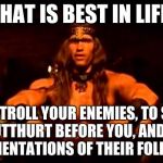 Troll Your Enemies | WHAT IS BEST IN LIFE? TO TROLL YOUR ENEMIES, TO SEE THEM BUTTHURT BEFORE YOU, AND TO HEAR THE LAMENTATIONS OF THEIR FOLLOWERS! | image tagged in conan crush your enemies | made w/ Imgflip meme maker