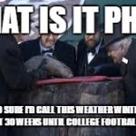 Groundhog Day  | WHAT IS IT PHIL? NOT SO SURE I'D CALL THIS WEATHER WINTER BUT IT IS JUST 30 WEEKS UNTIL COLLEGE FOOTBALL SEASON | image tagged in groundhog day | made w/ Imgflip meme maker