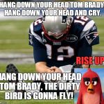 Hang Down your head Tom Brady! | HANG DOWN YOUR HEAD TOM BRADY, HANG DOWN YOUR HEAD AND CRY. HANG DOWN YOUR HEAD TOM BRADY, THE DIRTY BIRD IS GONNA FLY! RISE UP! | image tagged in tom brady sad,atlanta falcons,super bowl,new england patriots,dirty,birds | made w/ Imgflip meme maker