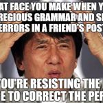 That face you make | THAT FACE YOU MAKE WHEN YOU SEE EGREGIOUS GRAMMAR AND SPELLING ERRORS IN A FRIEND'S POST; AND YOU'RE RESISTING THE INNER URGE TO CORRECT THE PERSON | image tagged in that face you make | made w/ Imgflip meme maker