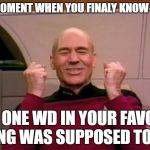 Excited Picard | THAT MOMENT WHEN YOU FINALY KNOW WHAT; THAT ONE WD IN YOUR FAVORITE SONG WAS SUPPOSED TO BE | image tagged in excited picard | made w/ Imgflip meme maker