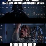 Star Wars No | LUKE, THE INTERNET IS FULL. YOU MUST DELETE SOME OLD MEMES AND PICTURES OF CATS; NOOOOOOOOO! | image tagged in star wars no | made w/ Imgflip meme maker