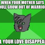 Warrior cats meme | WHEN YOUR MOTHER SAYS YOULL GROW OUT OF WARRIORS; ALL YOUR LOVE DISAPPEARS | image tagged in warrior cats meme | made w/ Imgflip meme maker